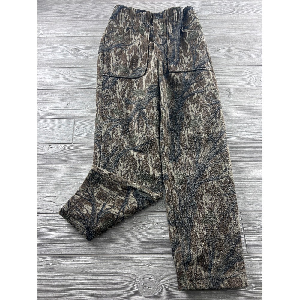 Vintage Camo Fleece Pants Woodland Tree Bark Hunting Trousers Mens 28x29